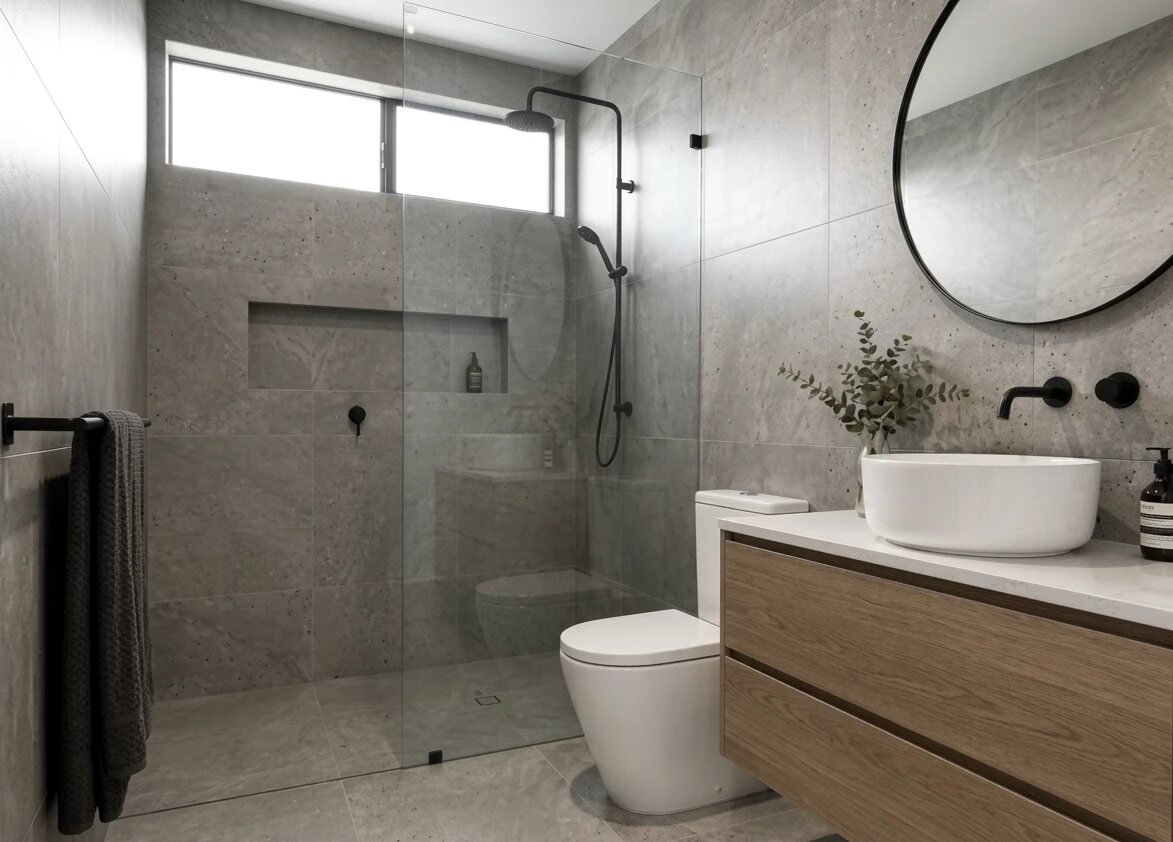 Bathroom tiled in large-format grey stone-look tiles with a frameless shower screen, recessed niche and timber vanity